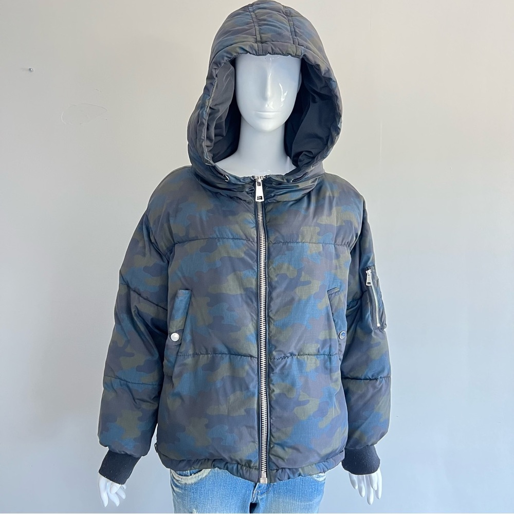 ZARA Camouflage Blue Green Quilted Long Sleeves Hooded Winter Jacket Puffer Sz M